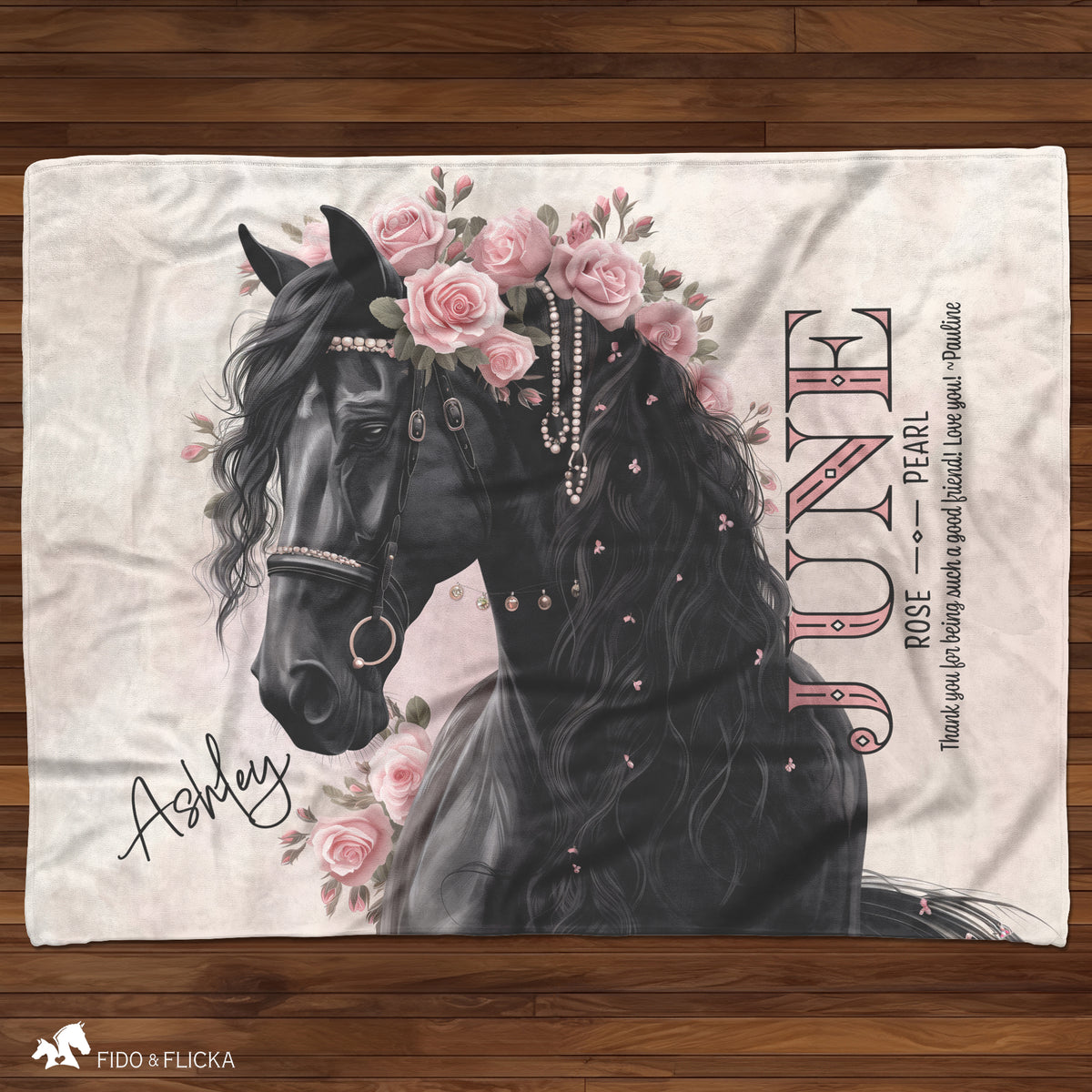 June birth month blanket featuring Friesian horse