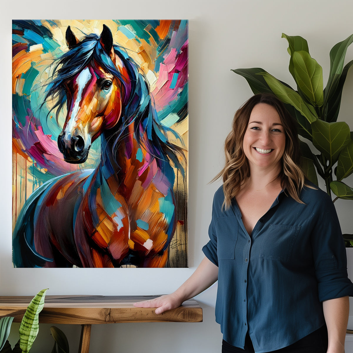 woman standing next to colorful portrait painting of her horse