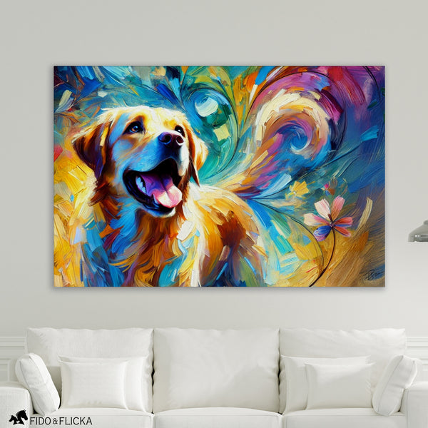 colorful pet portrait of a yellow Labrador retriever hanging in living room