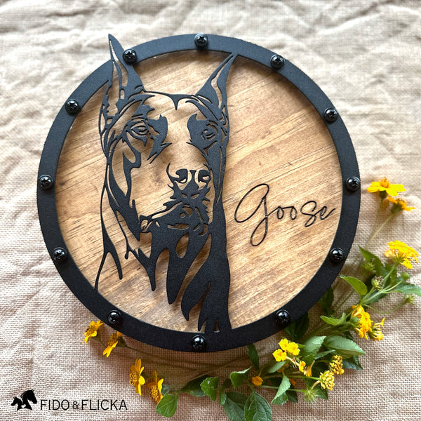wood and metal personalized Doberman art wall plaque