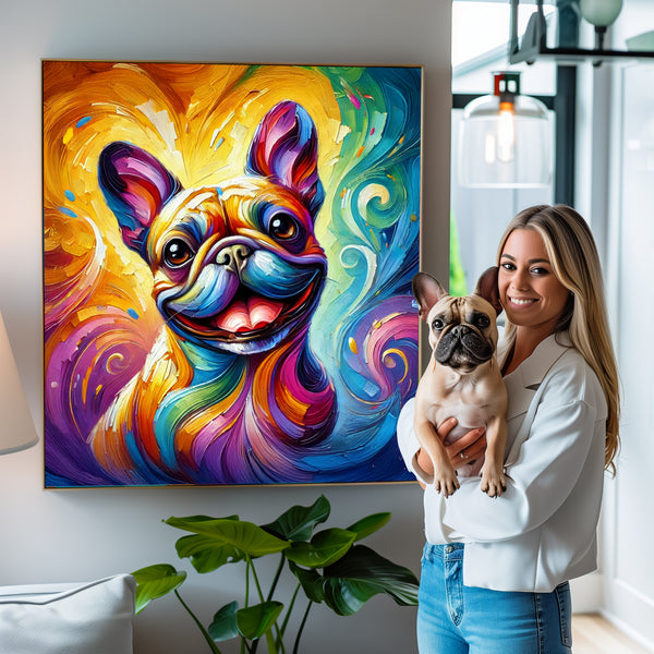 colorful painting of happy French bulldog portrait hanging on wall