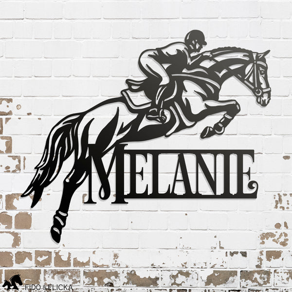 personalized metal horse show jumper sign with rider name
