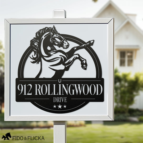 horse outdoor address sign in black metal