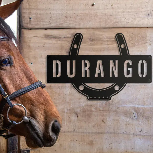 horseshoe metal stall name plate next to horse