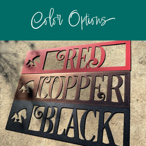 dog metal wall art sign in three colors black copper and red