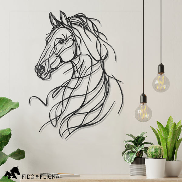 Minimalist black metal horse line art wall decor displayed in a modern interior with hanging lights and potted plant