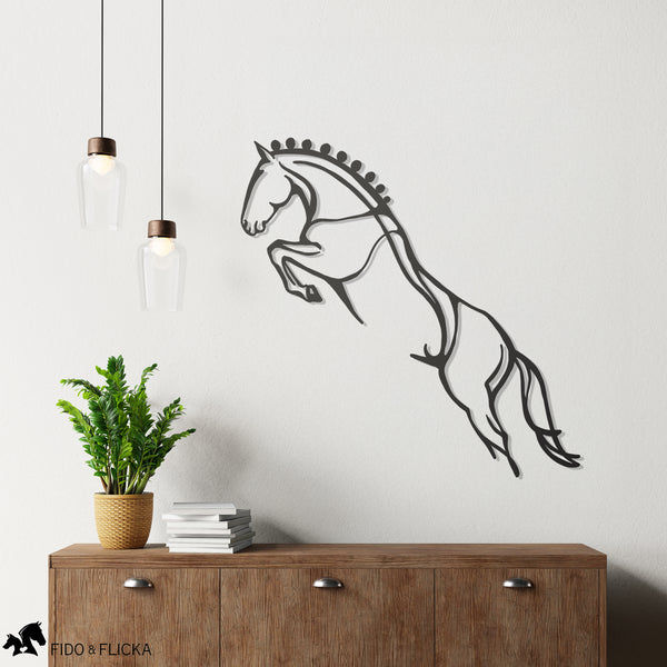 modern show jumper horse metal wall art in entry way