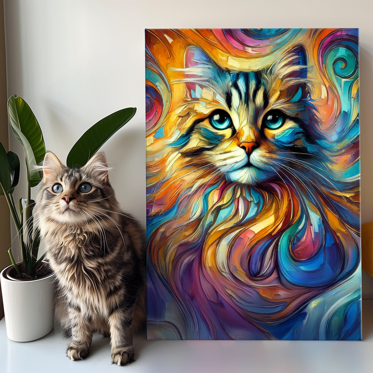 colorful cat portrait painting on canvas with cat sitting next to it