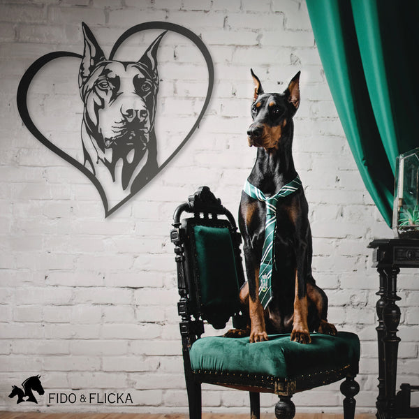 doberman metal wall art with heart frame