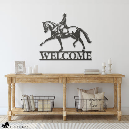Dressage horse extended trot welcome sign