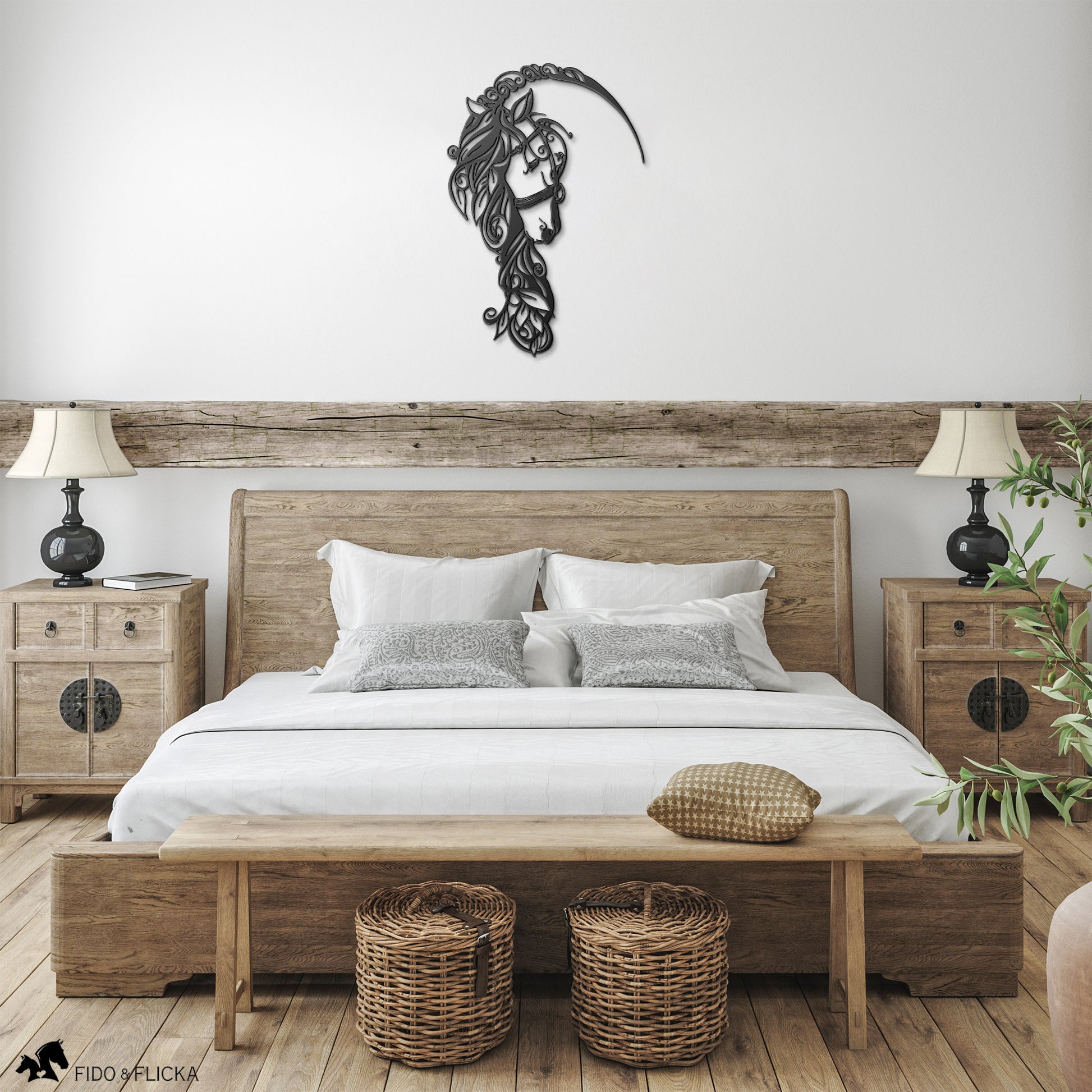 Horse mane with swirls metal wall art in bedroom