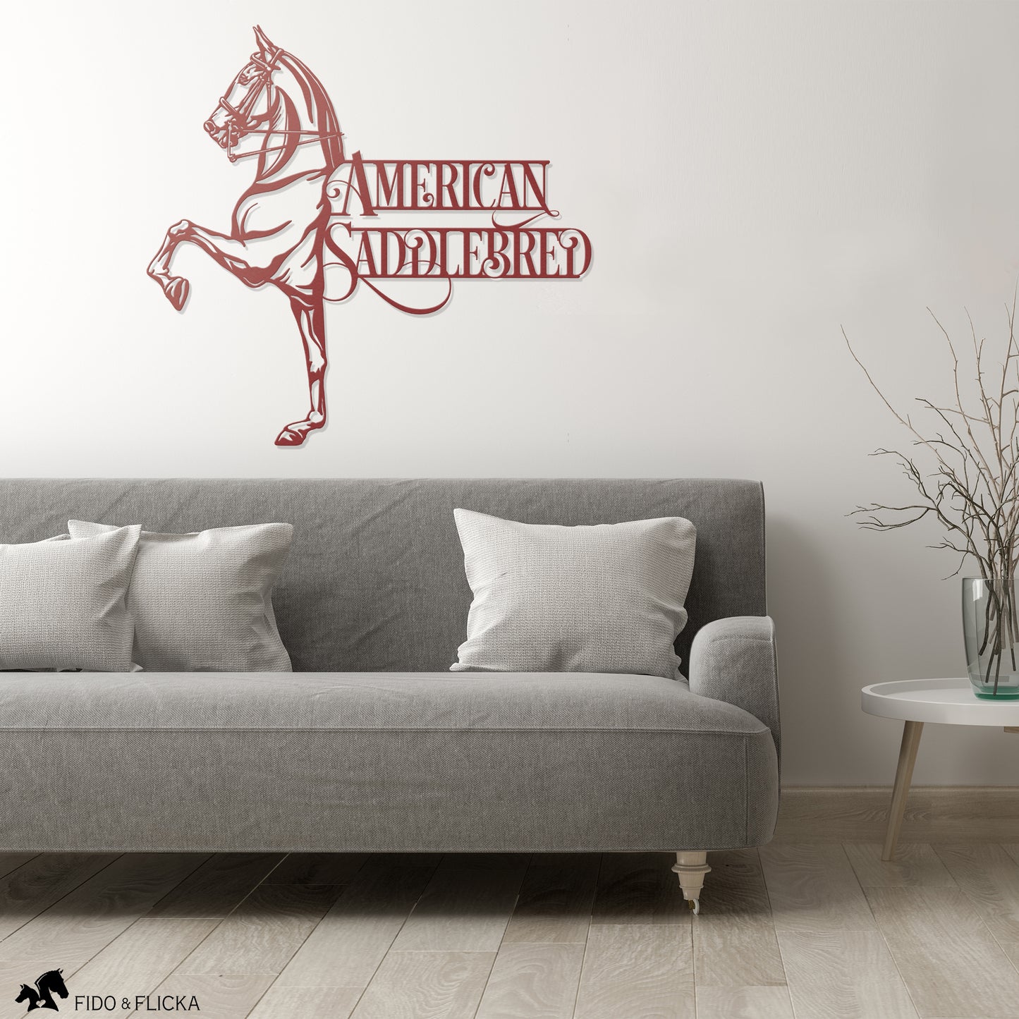 red metal american saddlebred sign in living room