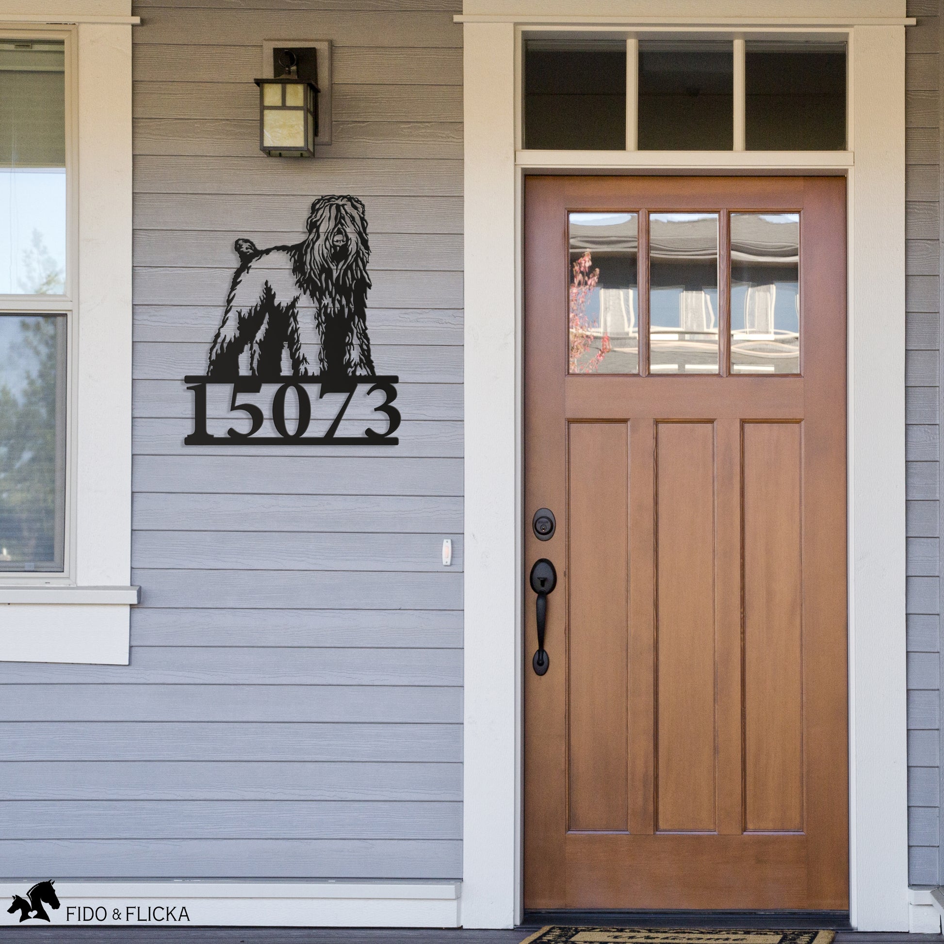 Black Russian Terrier house number sign by front door