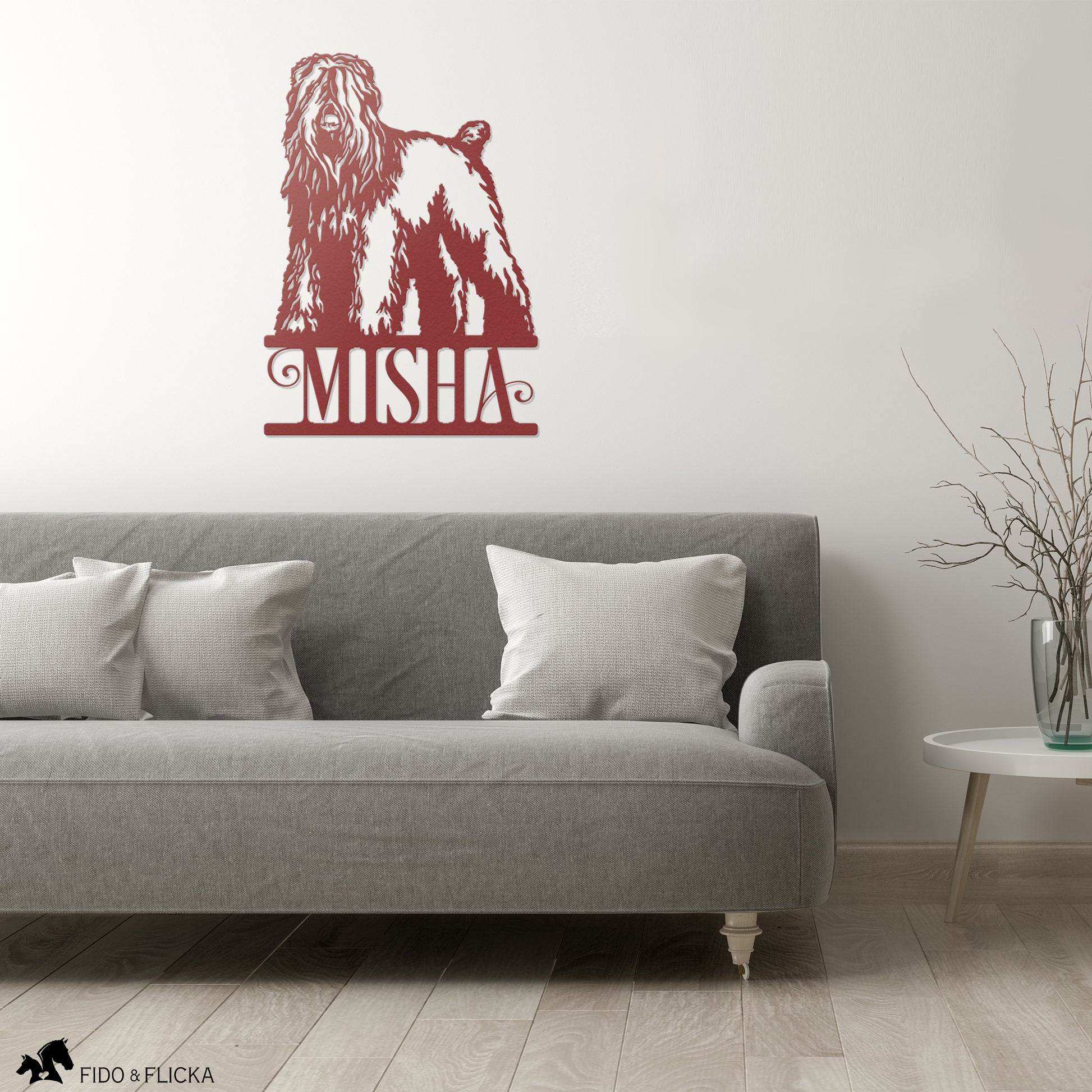 red black Russian terrier sign on wall over couch