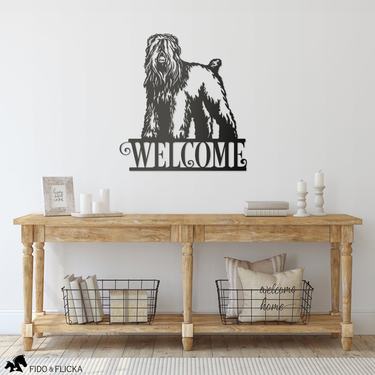 Black Russian Terrier Welcome metal sign in entry way
