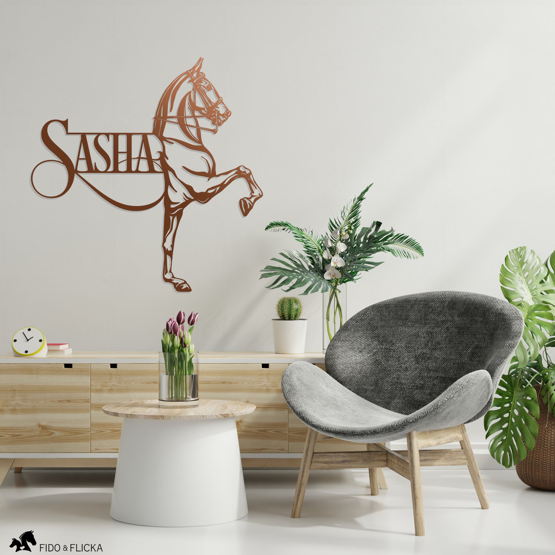 copper saddlebred horse metal wall art in living room