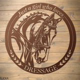 Copper metal dressage horse sign that says just a girl who loves dressage