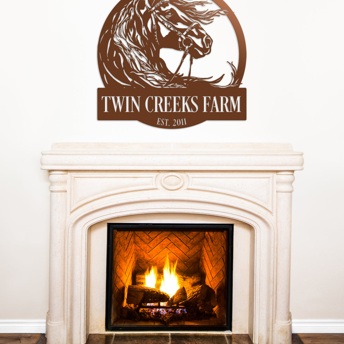 copper horse ranch farm sign over fireplace