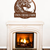 copper horse ranch farm sign over fireplace