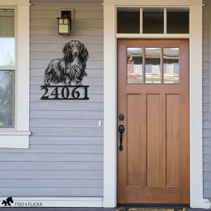 Long-Haired Dachshund house number sign on home