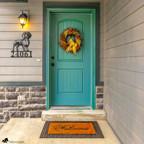 dachshund house number sign by front door