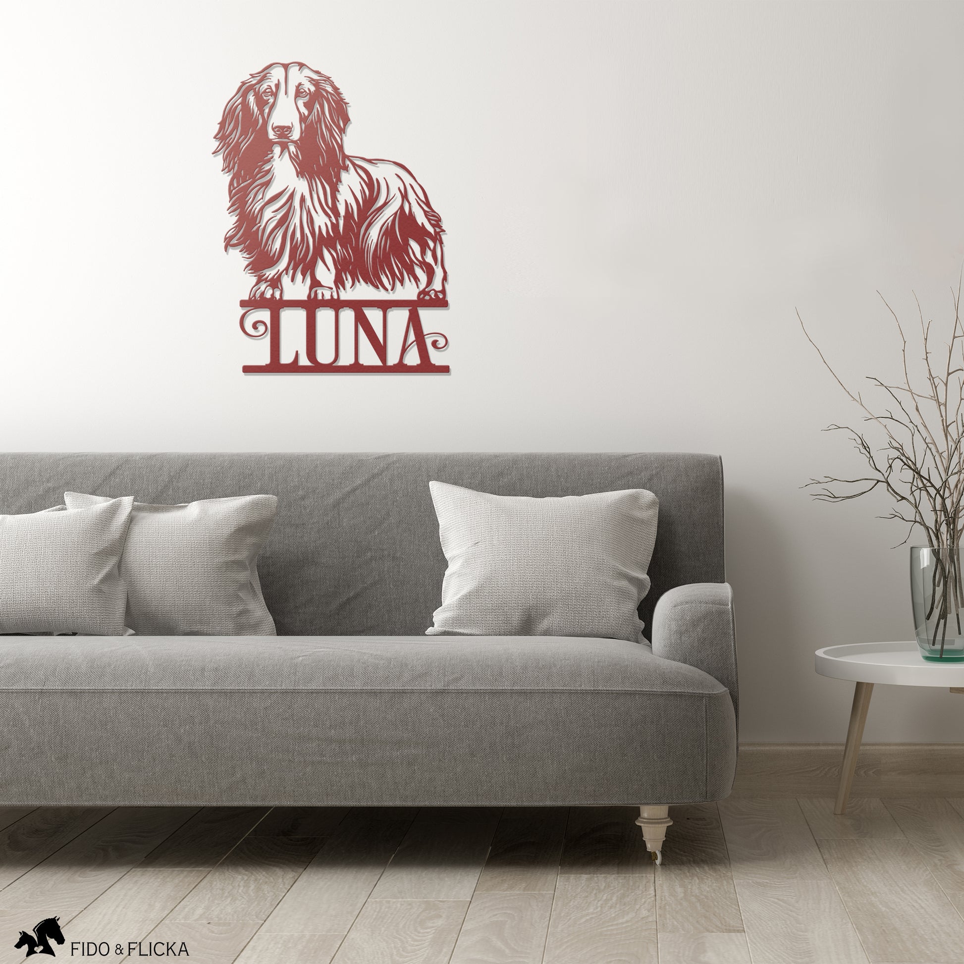 red metal Long-Haired Dachshund personalized sign in living room