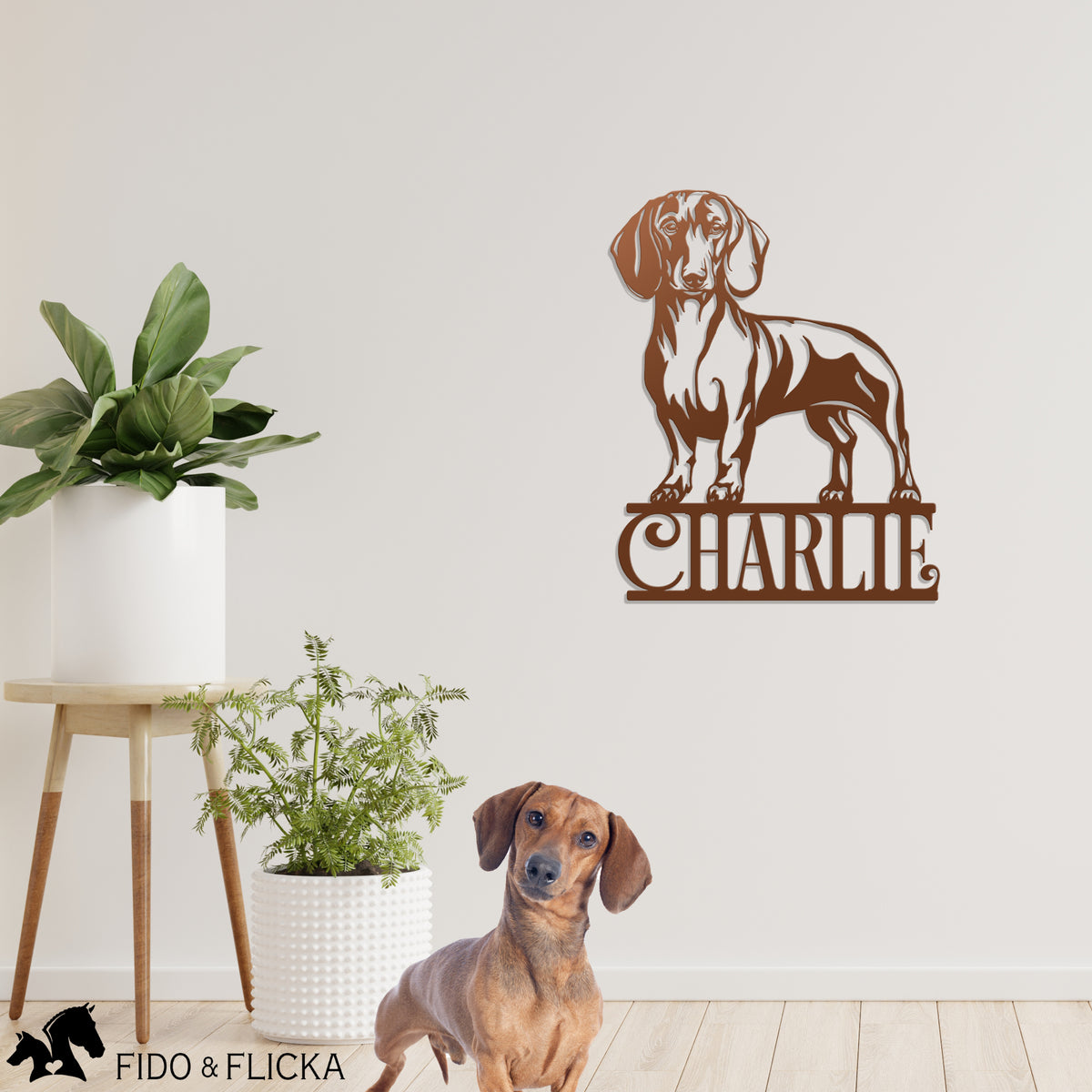 copper dachshund metal home decor in living room