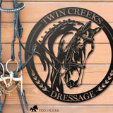 dressage horse metal sign with dressage barn name on it