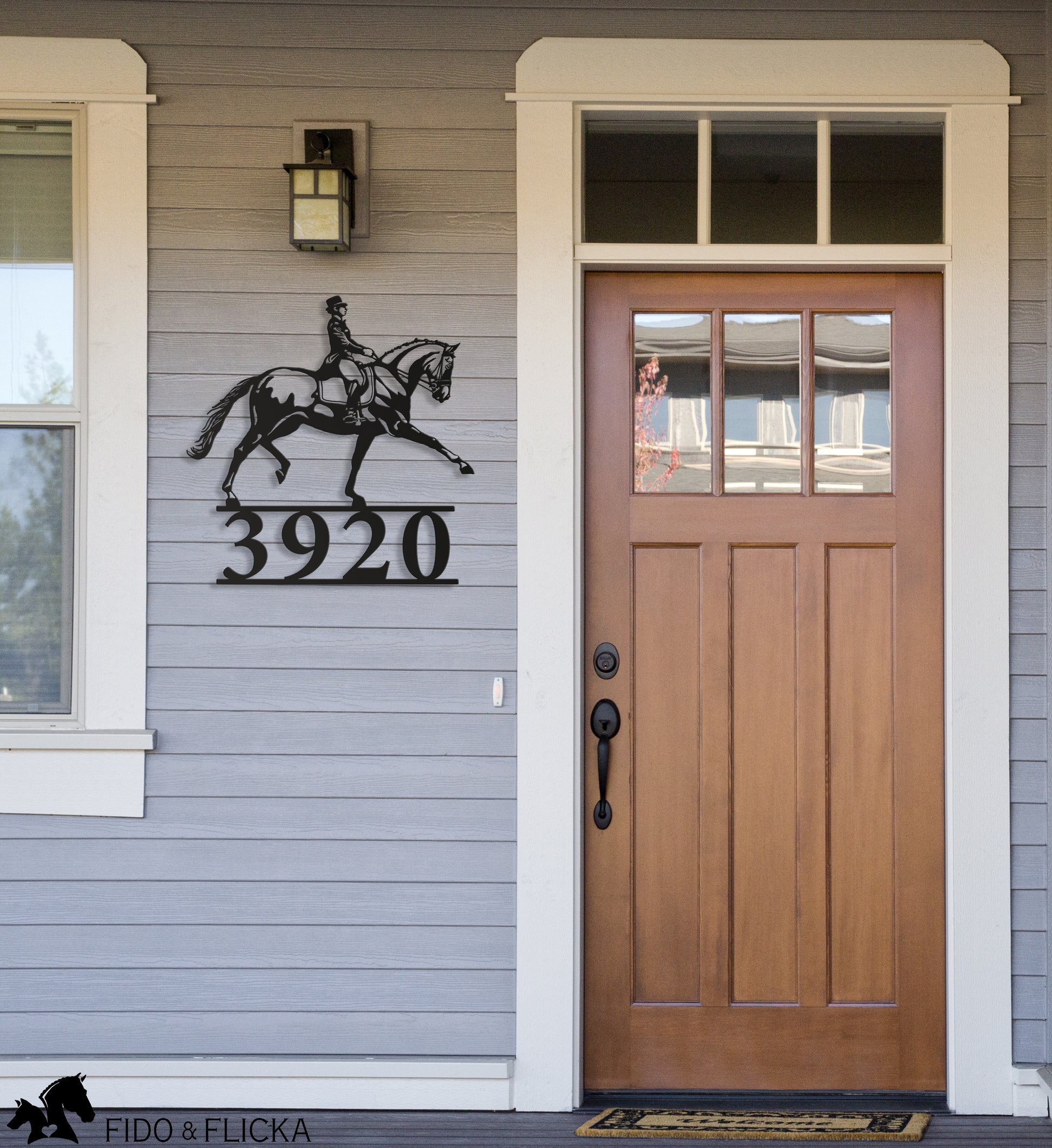 dressage horse house number by front door