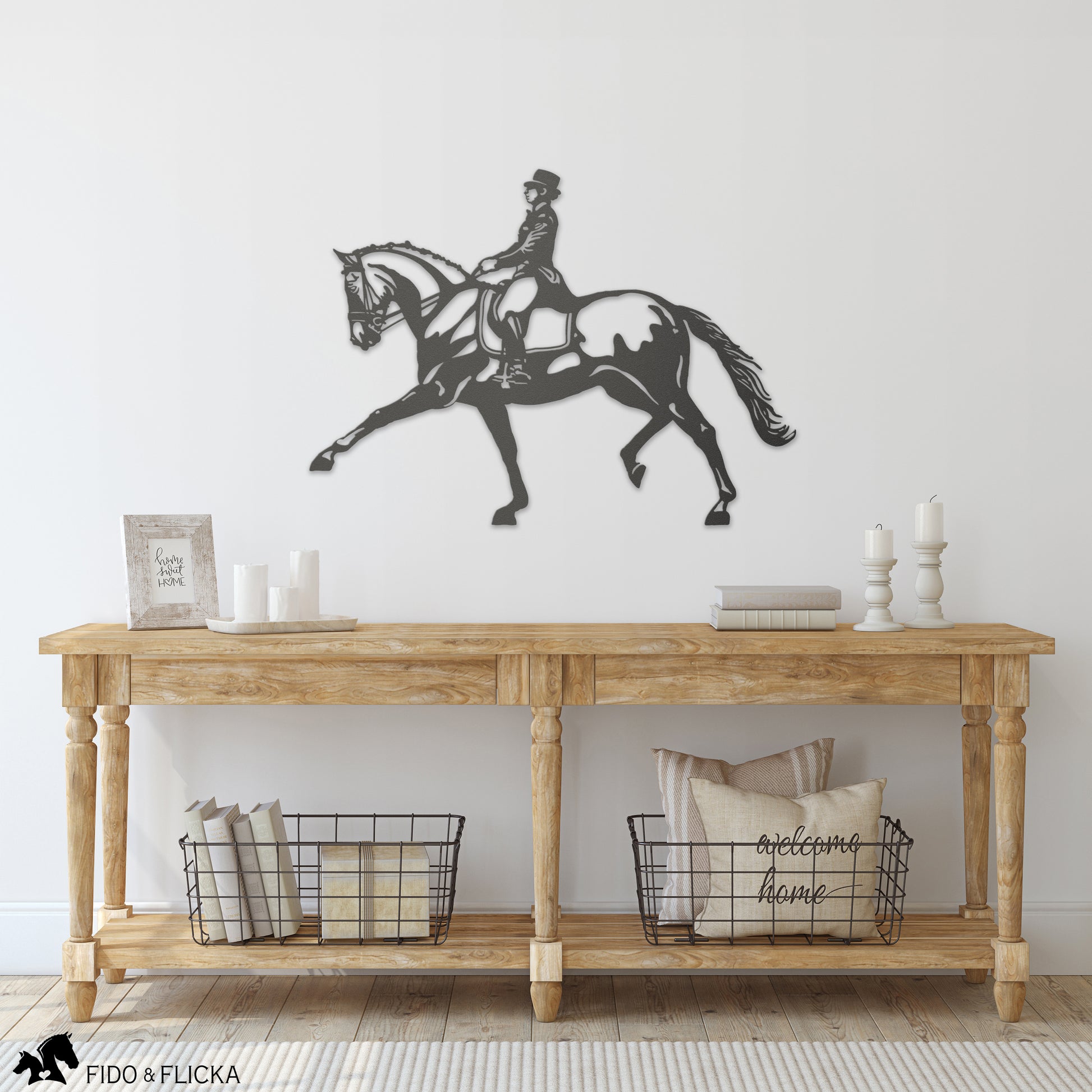 Metal dressage extended trot wall art in entry