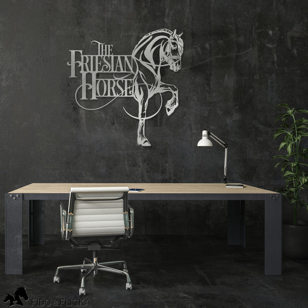 Silver Friesian horse metal sign on dark wall in office