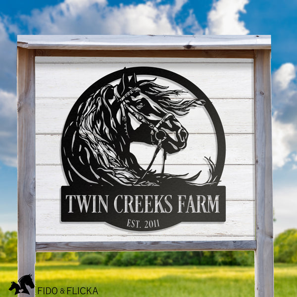 Personalized horse farm metal sign outdoors on wooden post