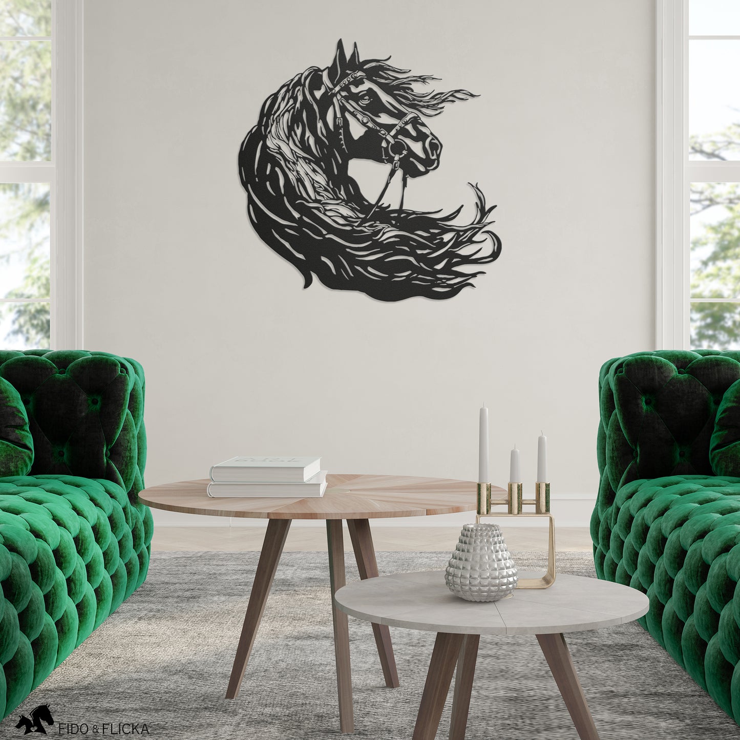 Friesian horse with flowing mane metal wall art in living room