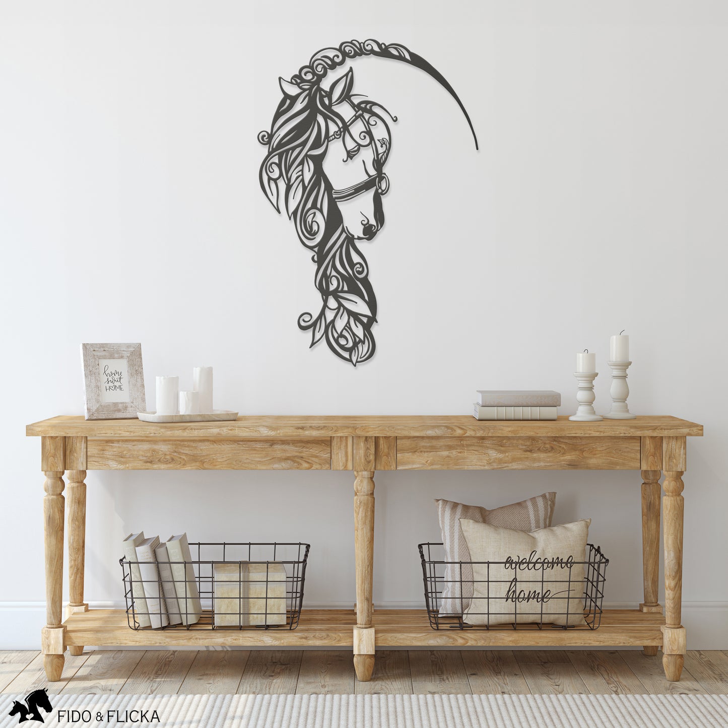 Horse with flowing mane metal wall art decor in entryway