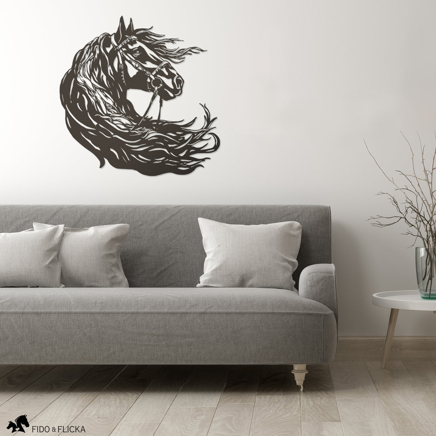 Friesian horse head metal wall art in living room