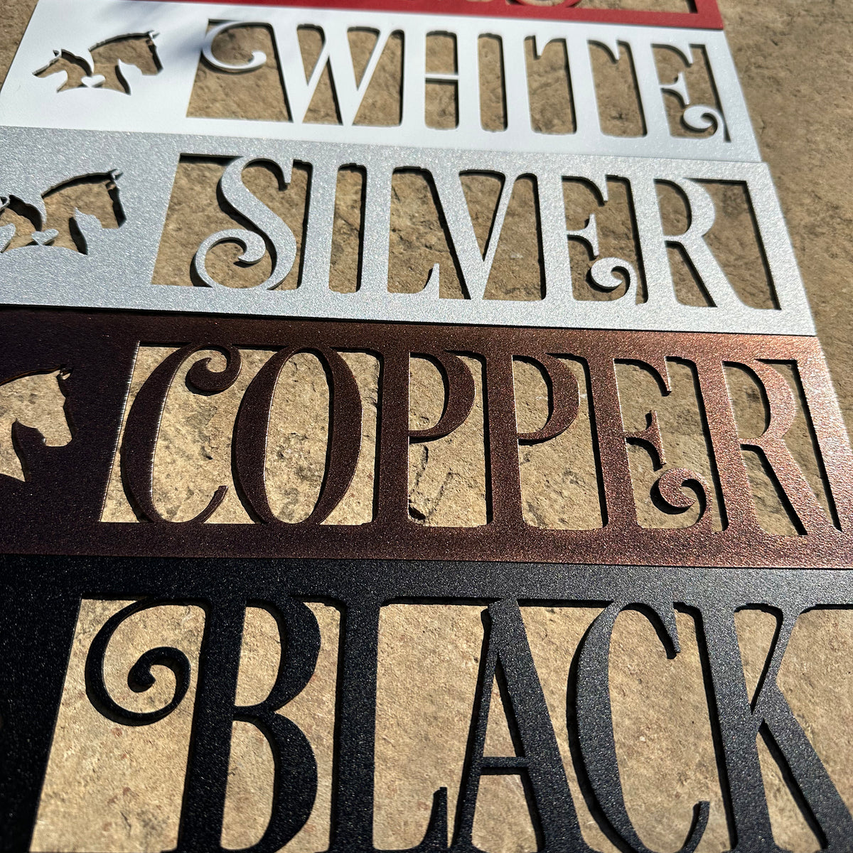 dressage horse metal sign colors in black copper silver white and red