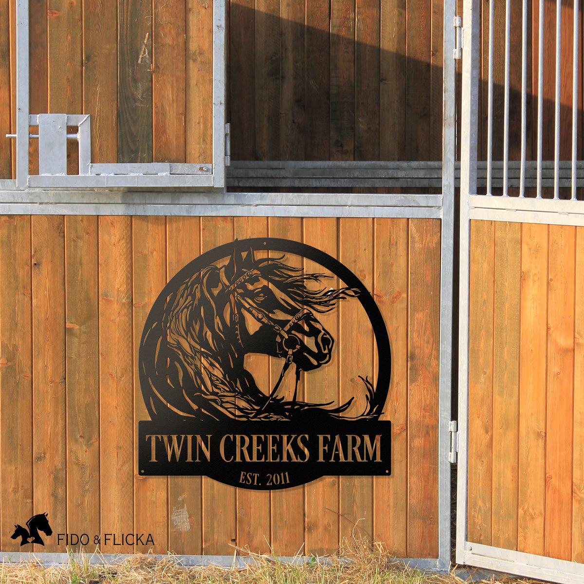 metal horse farm sign on horse stall