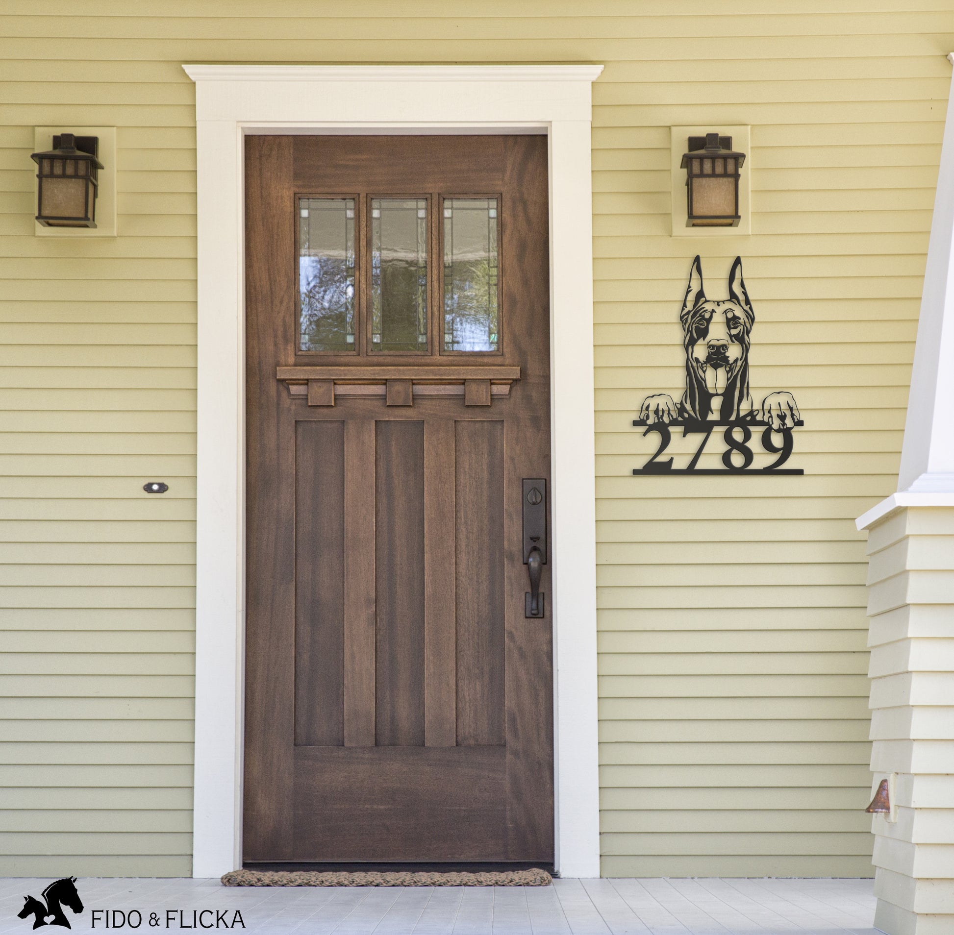 house number with doberman front door
