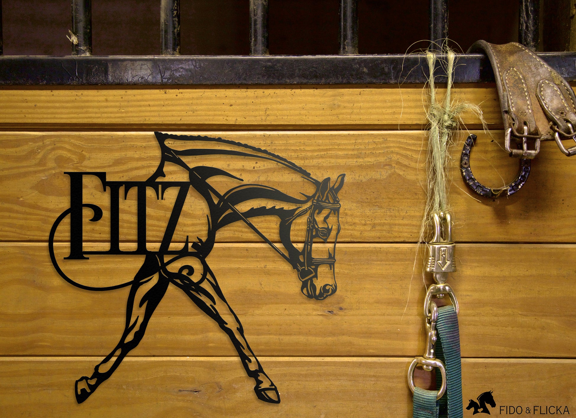 hunter under saddle horse metal stall sign on barn stall