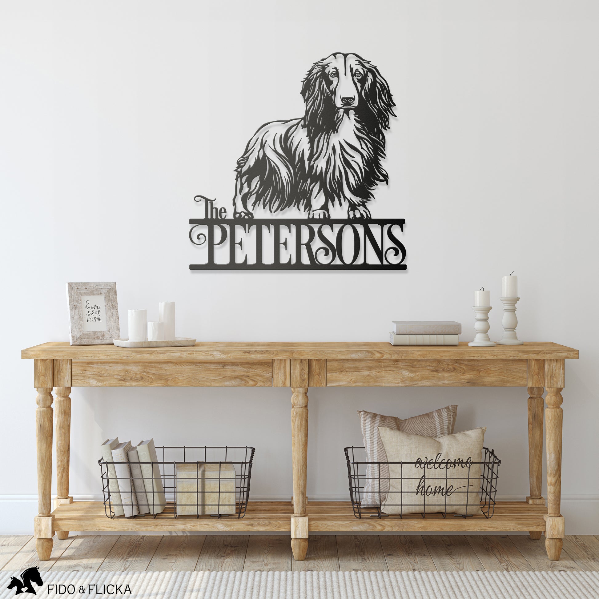 Long-Haired Dachshund family name sign in entry way