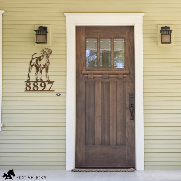 copper Louisiana Catahoula Leopard Dog house number sign on front of house