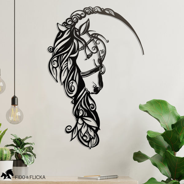 Metal horse head with long flowing mane wall art over shelf