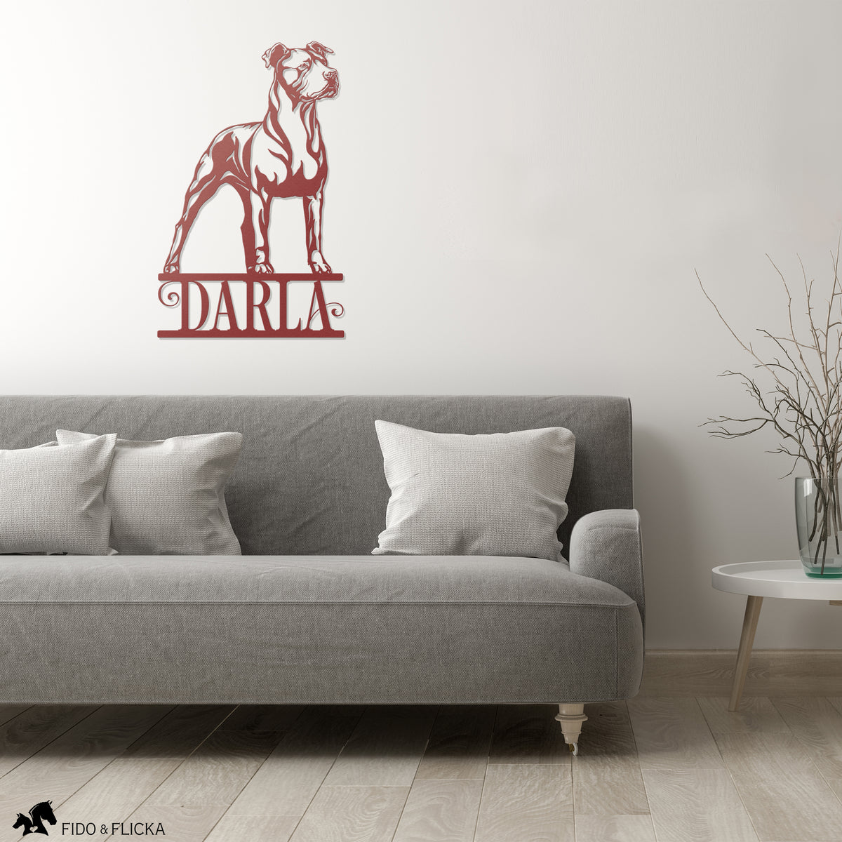 red metal personalized pitbull sign in living room