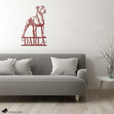 red metal personalized pitbull sign in living room