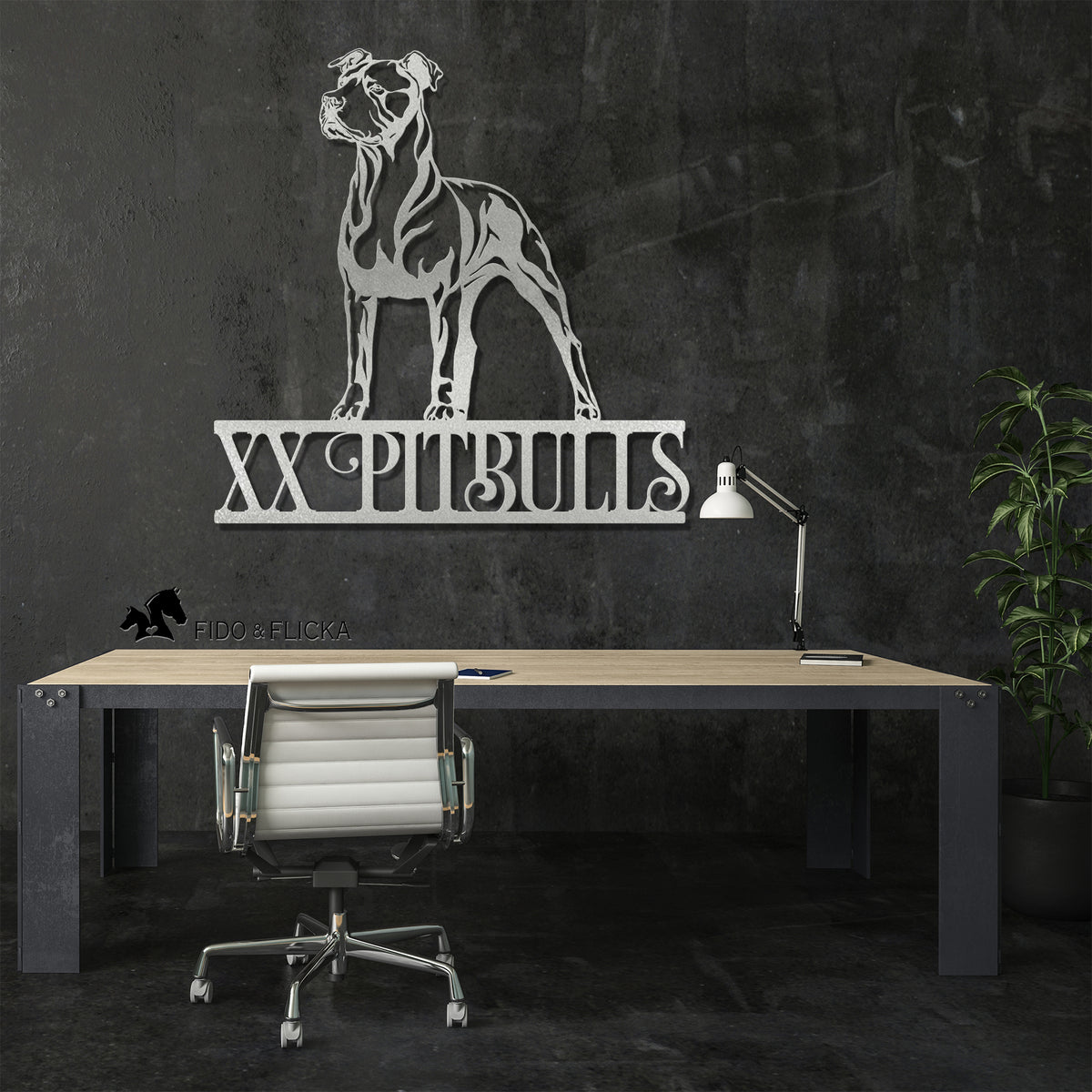 silver metal pitbull sign on dark wall in office