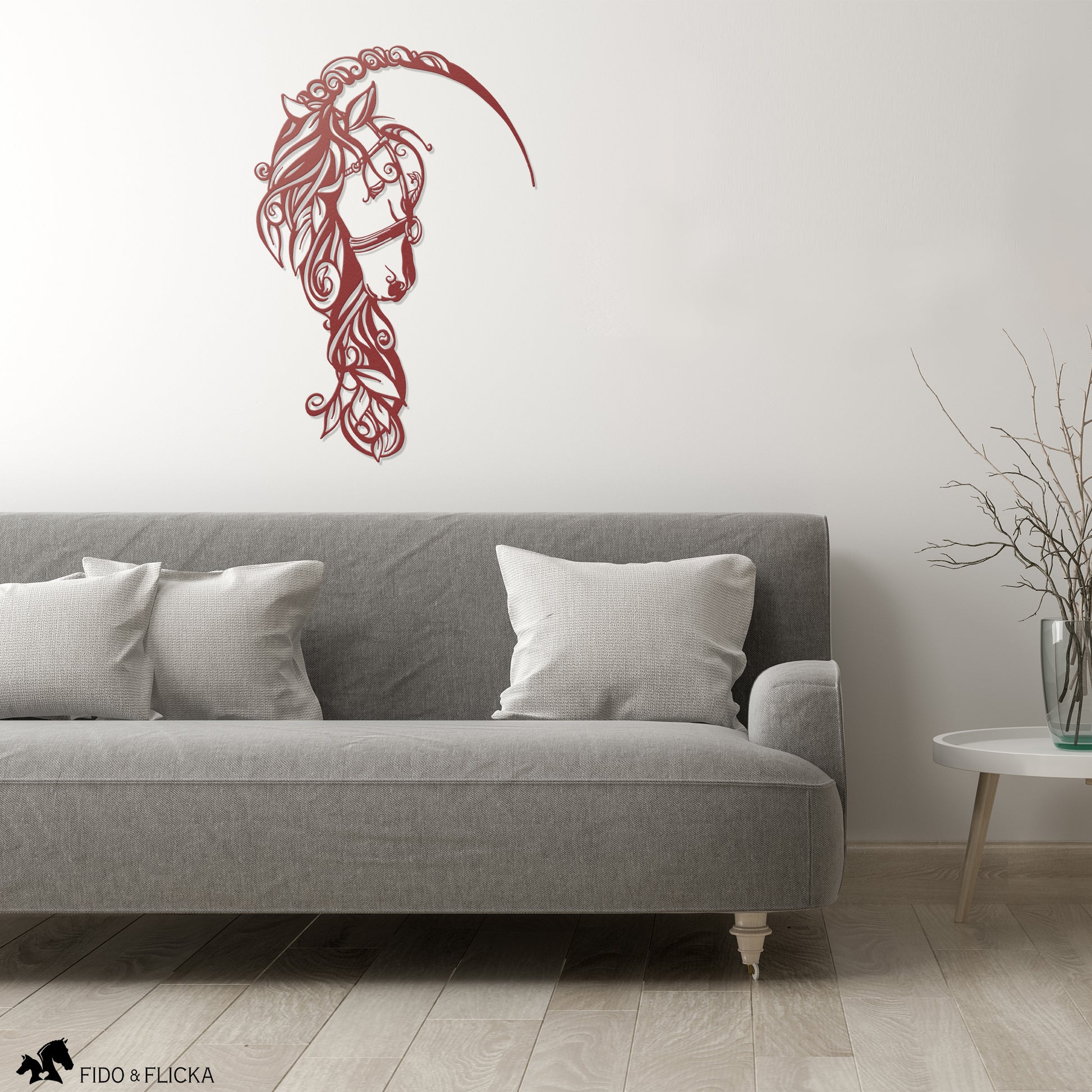 Red metal horse head wall art decor in living room