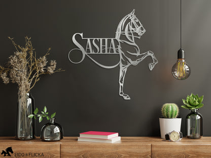 silver metal saddlebred horse sign over shelf