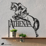 metal show jumping horse sign name plate on shelf