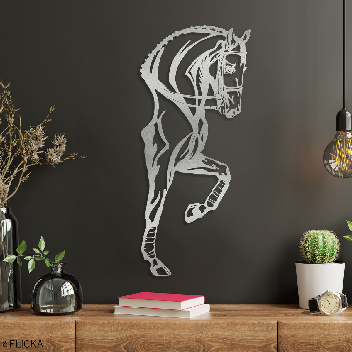silver metal dressage horse wall art in dark wall