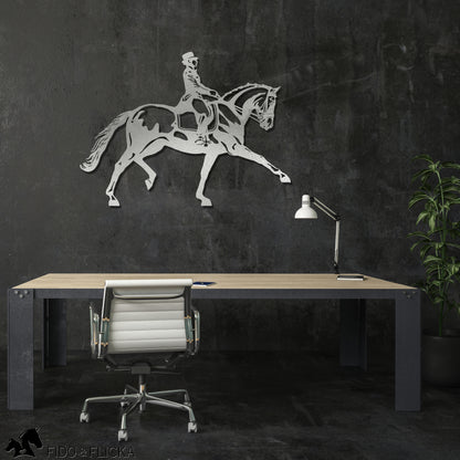 silver dressage horse extended trot on dark wall in office